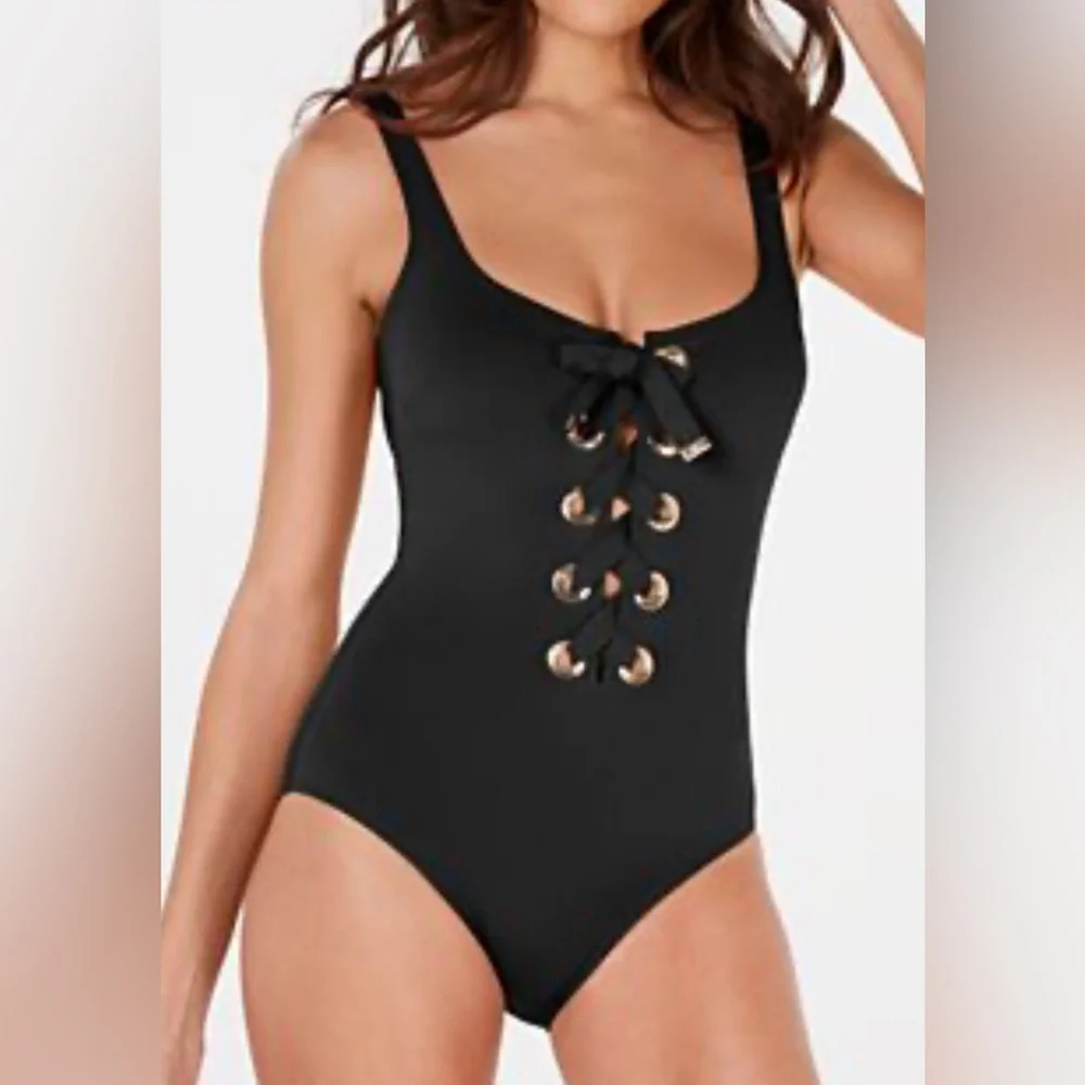 Michael Kors Black Lace-Up One-Piece Swimsuit with Gold Eyelets